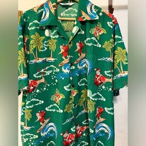 Green Hawaiian Shirt with Surfing Santa